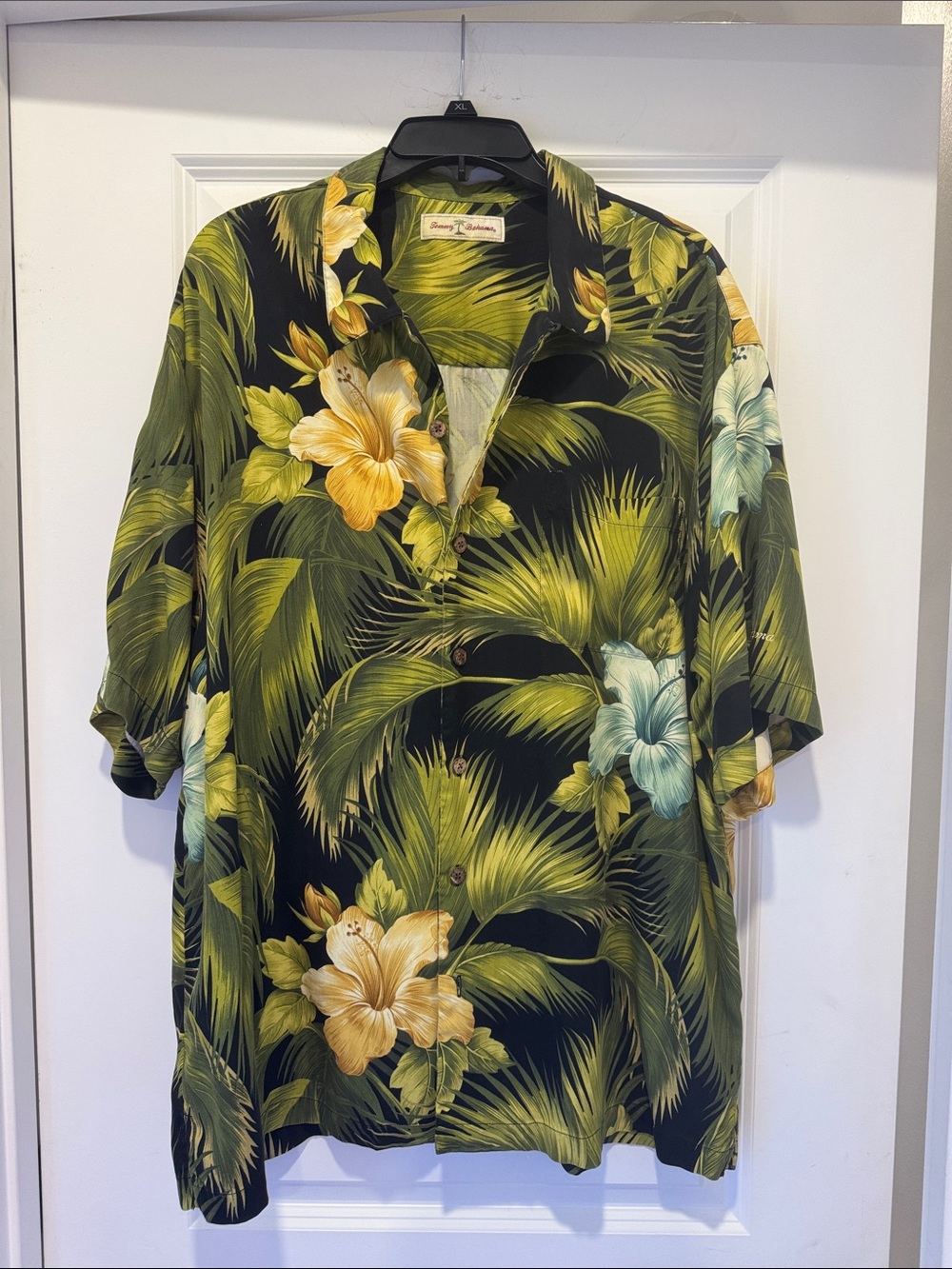 Tommy Bahama Black Hawaiian Shirt with Green Palms and Yellow & Teal Flowers